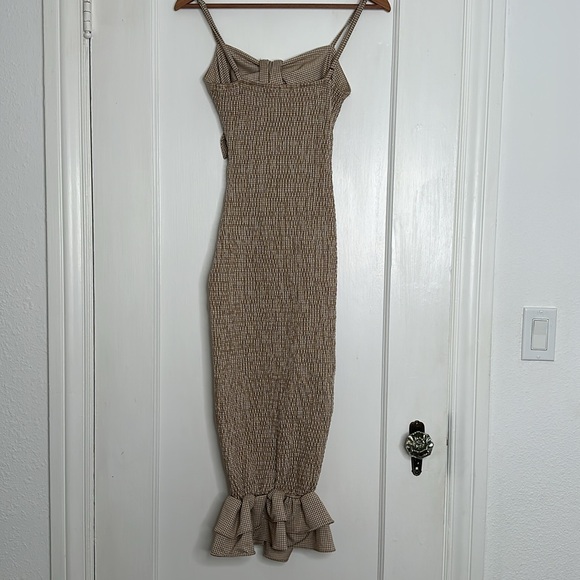 Pinkblush Mocha Gingham Print Smocked Fitted Self-Tie Maternity Midi Dress Small - Picture 13 of 13